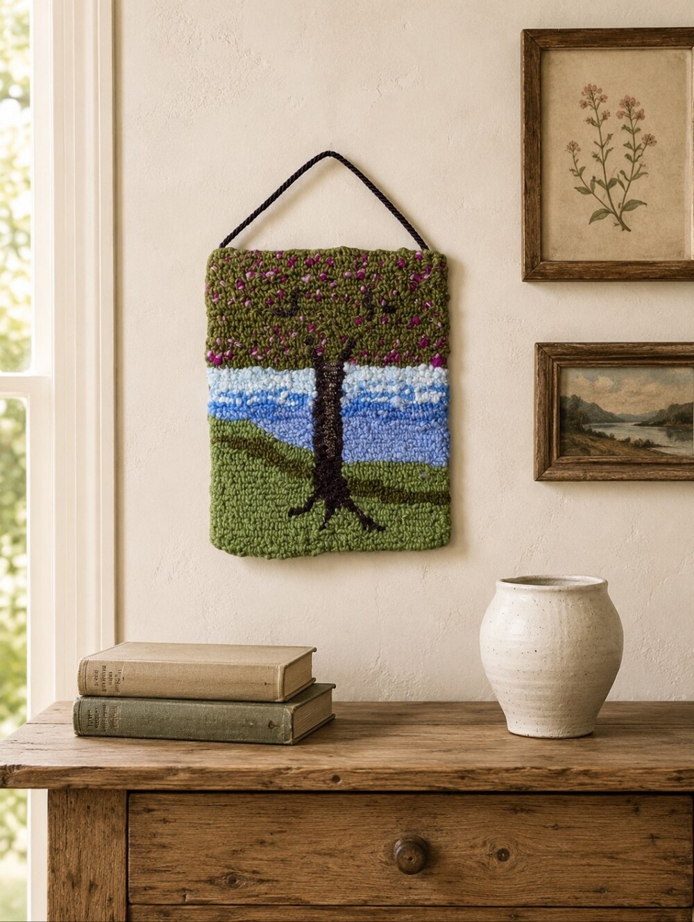 Vintage Hand Hooked Fiber Art Tree Landscape Wall Hanging 8.5x10